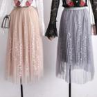 Leaf-embroidered Pleated Midi Skirt