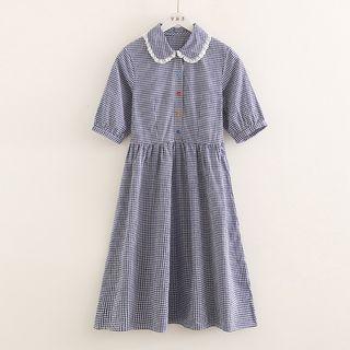 Plaid Peter Pan-collar Dress Blue - One Size