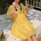Elbow-sleeve Floral Print Midi A-line Dress Yellow - One Size