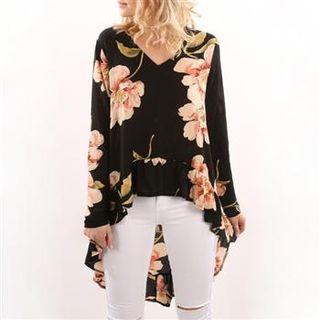 Long-sleeve Floral Dip-back Top