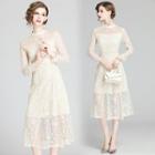 Long-sleeve Floral Midi A-line Lace Dress