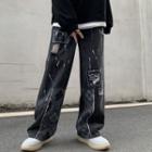 Paisley Print Patched Lettering Straight Leg Jeans