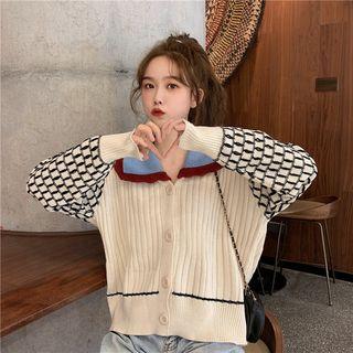 Plaid Panel Collared Rib Knit Cardigan