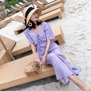 Patterned Short-sleeve Midi A-line Sundress