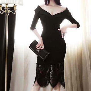 3/4-sleeve Off-shoulder Lace Trim Sheath Dress