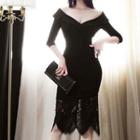 3/4-sleeve Off-shoulder Lace Trim Sheath Dress