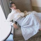 Faux Pearl Mock-neck Sweater / A-line Midi Skirt