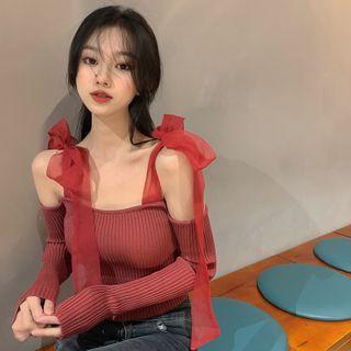 Long-sleeve Off Shoulder Knit Top Rosy Brown - One Size