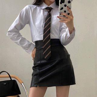 Long-sleeve Plain Shirt / Faux Leather Mini Pencil Skirt / Tie / Set