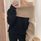 Off-shoulder Two-tone Sweater Khaki & Black - One Size