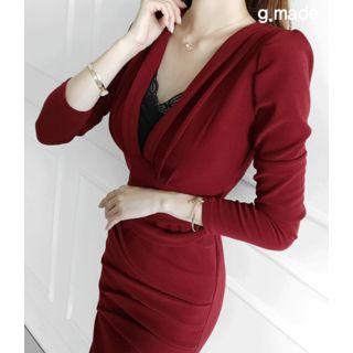 V-neck Pleated-detail Sheath Dress