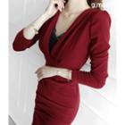 V-neck Pleated-detail Sheath Dress