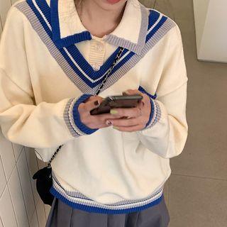 Mock Two-piece Contrast Trim Collared Sweater Sweater - Blue & White - One Size