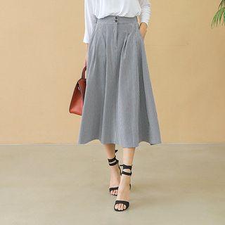 Button-detail Plaid Long Flare Skirt