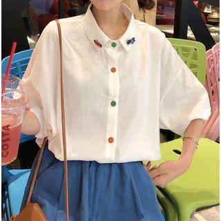 Colored Button Elbow-sleeve Shirt / Wide-leg Shorts