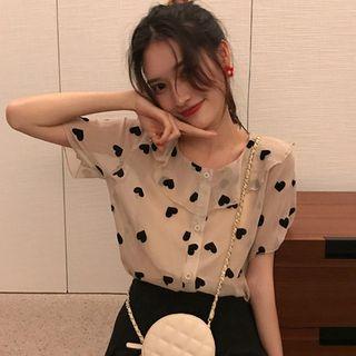 Set: Camisole + Heart Print Short-sleeve Blouse