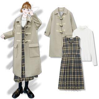 Long-sleeve T-shirt / Toggle Coat / Plaid Midi A-line Pinafore Dress