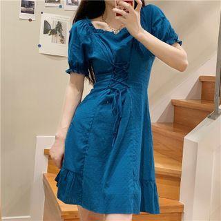 Short-sleeve Plain Lace-up Slim-fit Dress
