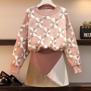 Set: Long Sleeve Round Neck Sweater + Mini Skirt