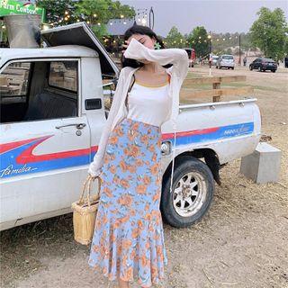 Contrast Trim Camisole Top / Cardigan / Flower Print Midi Straight-fit Skirt