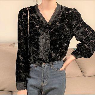 Lace Panel Long-sleeve V-neck Blouse Black - One Size