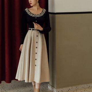 Set: Velvet Blouse + A-line Midi Skirt