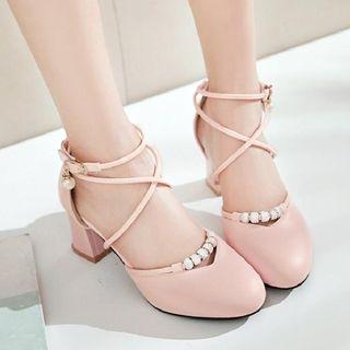 Ankle-strap Rhinestone Bead Pumps