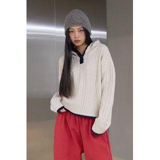 Contrast-trim Cable-knit Hoodie