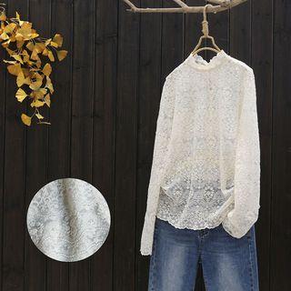 Long-sleeve Lace Top Beige - One Size