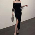 Flared-sleeve Off-shoulder Midi Sheath Dress