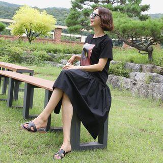 Printed Ruffled T-shirt Dress Black - One Size