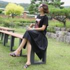 Printed Ruffled T-shirt Dress Black - One Size