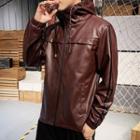 Lettering Faux Leather Hooded Zip Jacket