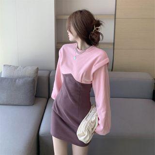 Mock Two-piece Bishop-sleeve Mini Sheath Dress