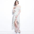 Short-sleeve Cold Shoulder Floral Print A-line High-low Dress