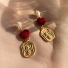 Rose Heart Embossed Alloy Dangle Earring 1 Pair - Stud Earrings - Red & Gold - One Size