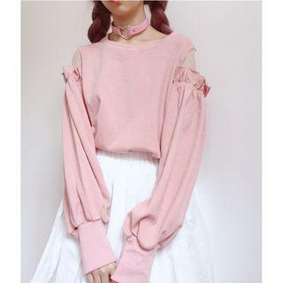 Mesh Insert Lantern-sleeve Pullover