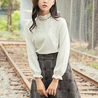 Frilled Lace Panel Corduroy Blouse