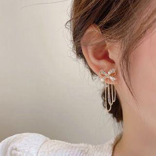 Rhinestone Bow Chained Drop Earring 1 Pair - D348 - Silver Rhinestone - Gold - One Size