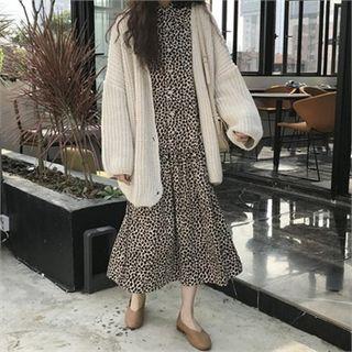 Mandarin-collar Leopard Long Dress Leopard - One Size