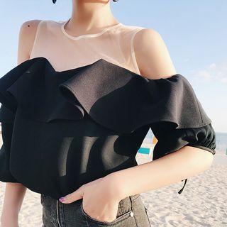 Cut-out Shoulder Mock Two-pieces Top