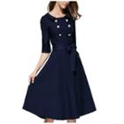 3/4 Sleeve Bow Accent Buttoned Dress