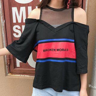 Mesh Panel Cold Shoulder 3/4-sleeve T-shirt
