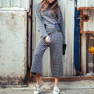 Set: Plaid Long-sleeve T-shirt + Cropped Wide-leg Pants