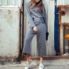Set: Plaid Long-sleeve T-shirt + Cropped Wide-leg Pants