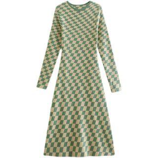 Long-sleeve Checkered Knit Midi A-line Dress