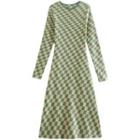 Long-sleeve Checkered Knit Midi A-line Dress