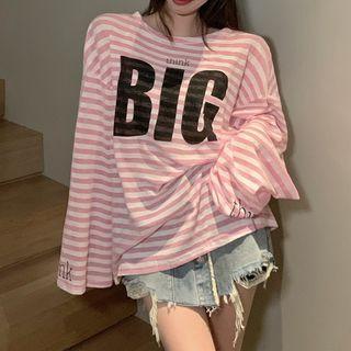 Long-sleeve Lettering Striped T-shirt / Distressed Denim Skort