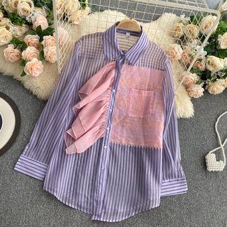 Long-sleeve Striped Ruffle See-through Shirt Blue - One Size