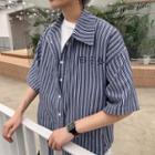Letter Embroidered Striped Elbow-sleeve Shirt